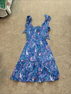 Lilly Pulitzer Blue Tropical Print Tie-Shoulder Sundress
